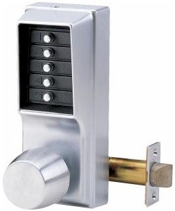 Grade 1 Pushbutton Knob Lock,  2-3/4" Backset, 1/2" Throw Latch, Satin Chrome